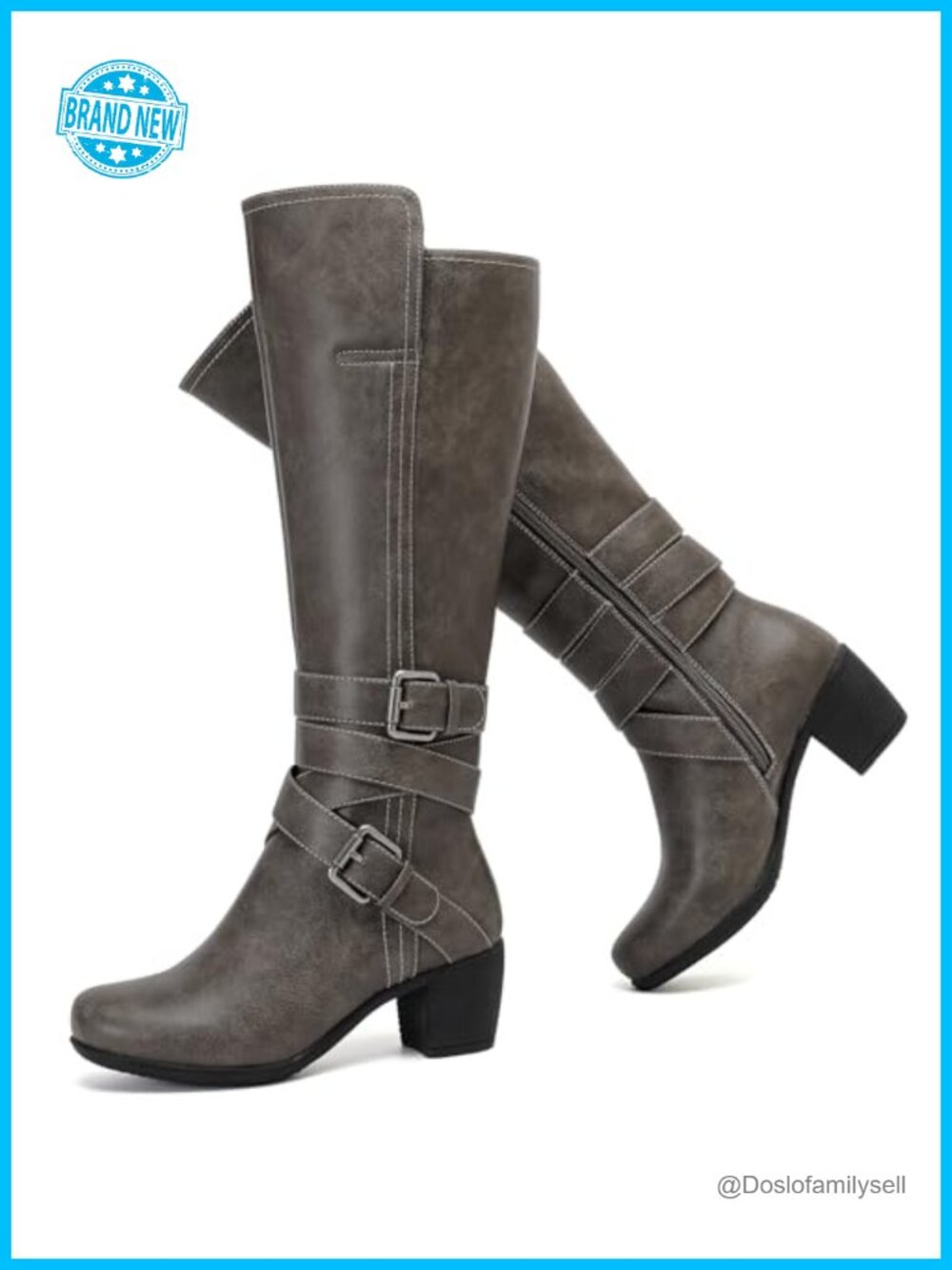 Faux Leather Knee High Boots Pointed Toe Block Heel Side Zip